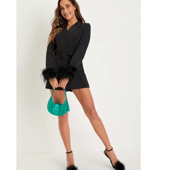 Lulus Pants - Lulu's Black Feather Trim Jumpsuit